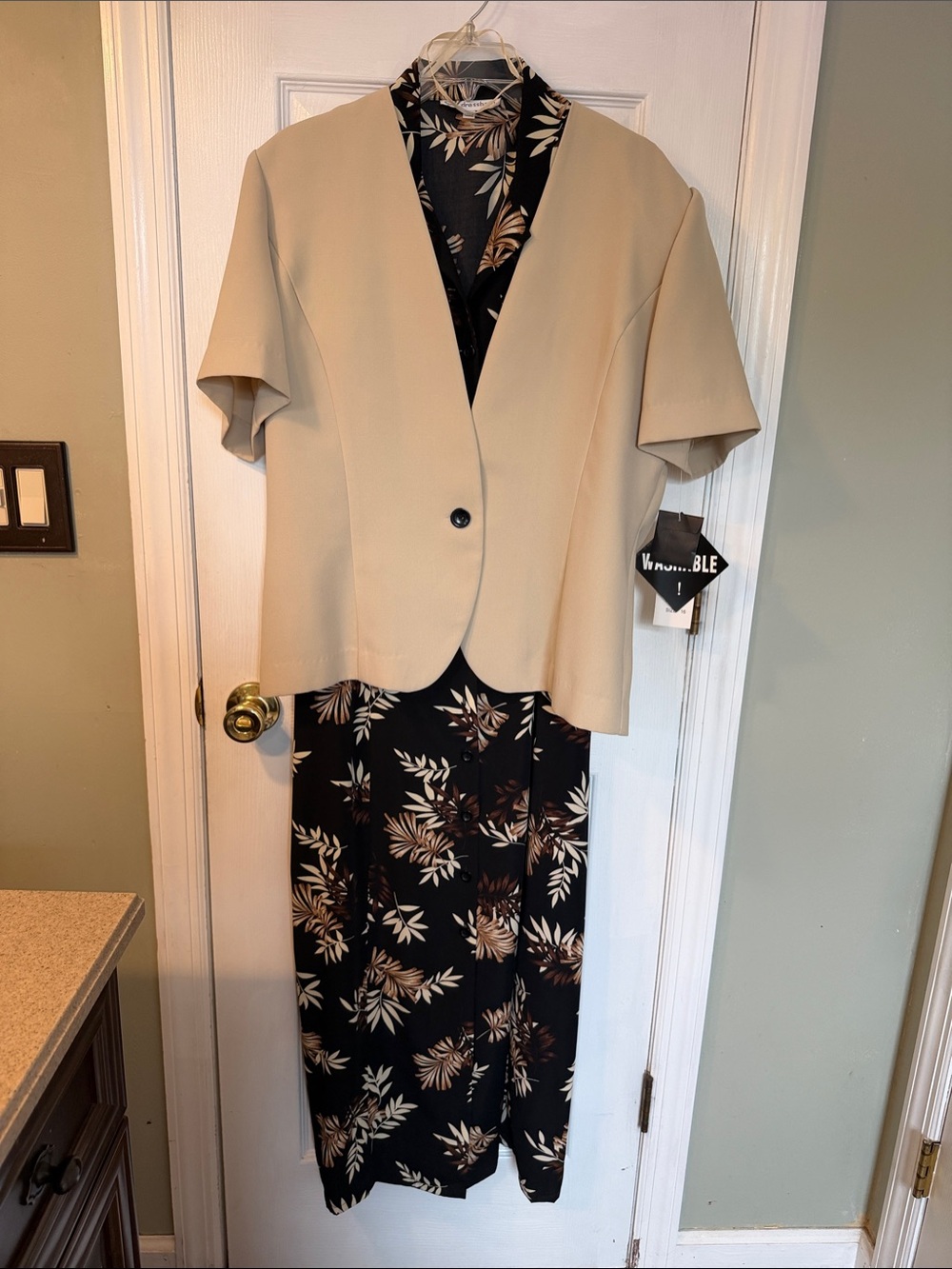 Beige Short-Sleeve Blazer with Sleeveless Black Floral Dress - Dress Barn